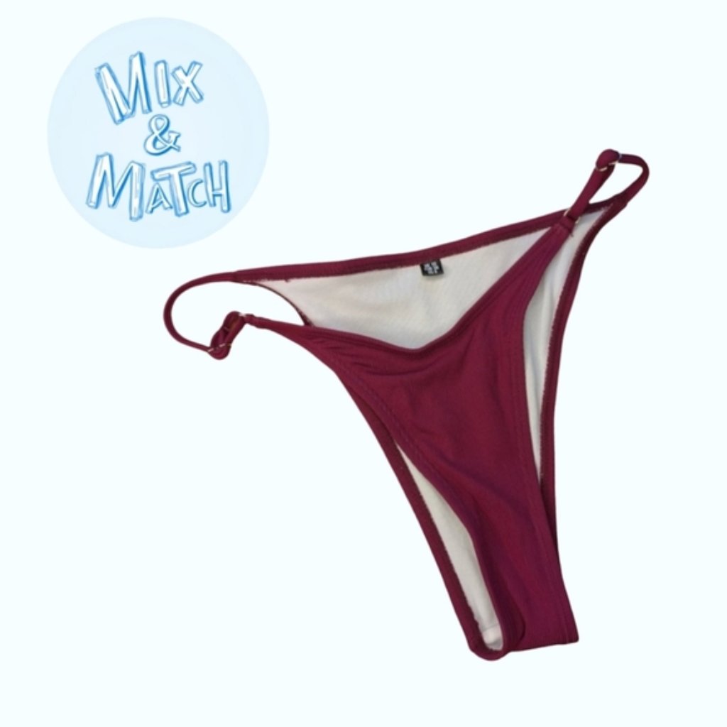 V-Shape String Bikini Bottom - Burgundy Ribbed V Shaped Low Coverage